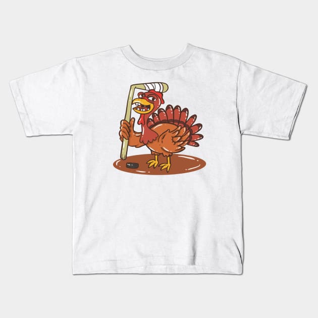 Turkey With Ice Hockey For Thanksgiving Kids T-Shirt by Artmoo